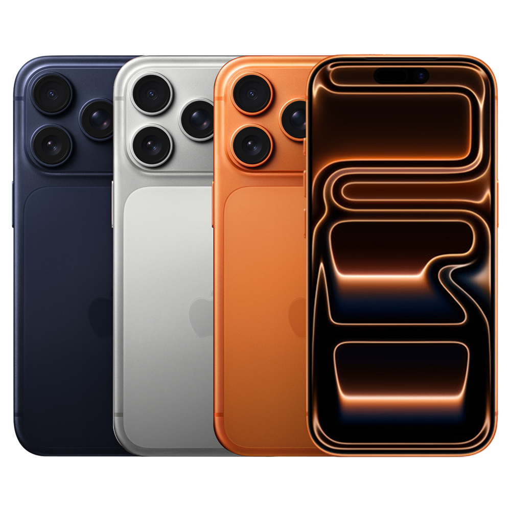 Linha iPhone 17 Pro, com o modelo laranja ao centro